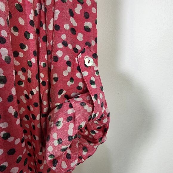 Zac & Rachel Blouse Shirt Women 1X Button Ruffles Long Roll Tab Sleeve Dots Pink - Picture 8 of 11